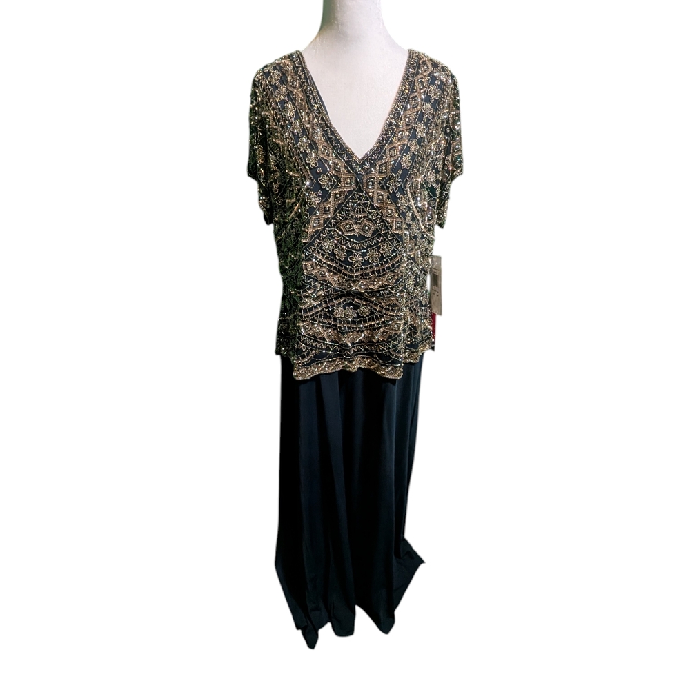 Pisarro Nights Black and Gold Beaded Prom Dress